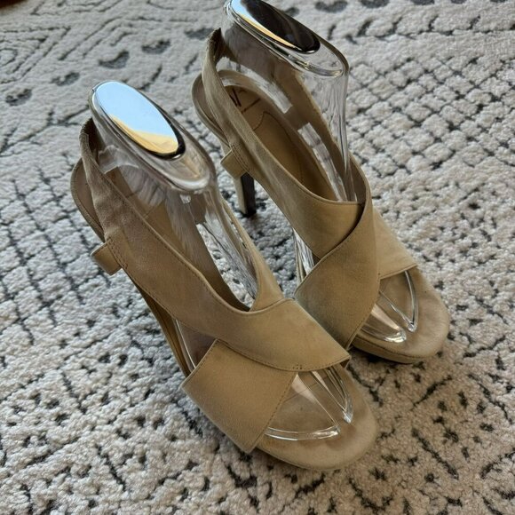 Diane‎ Von Furstenberg Beige Suede Peep-Toe Heels 4.5" Stiletto Sandals Size 8.5 - Picture 1 of 14
